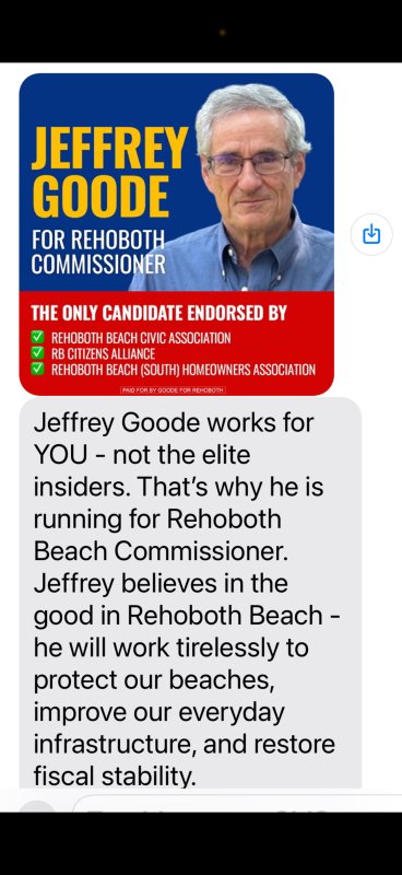 The campaign text sent out by candidate Jeffrey Goode that has caused questions to be raised by other candidates and existing civic organizations. SUBMITTED PHOTO